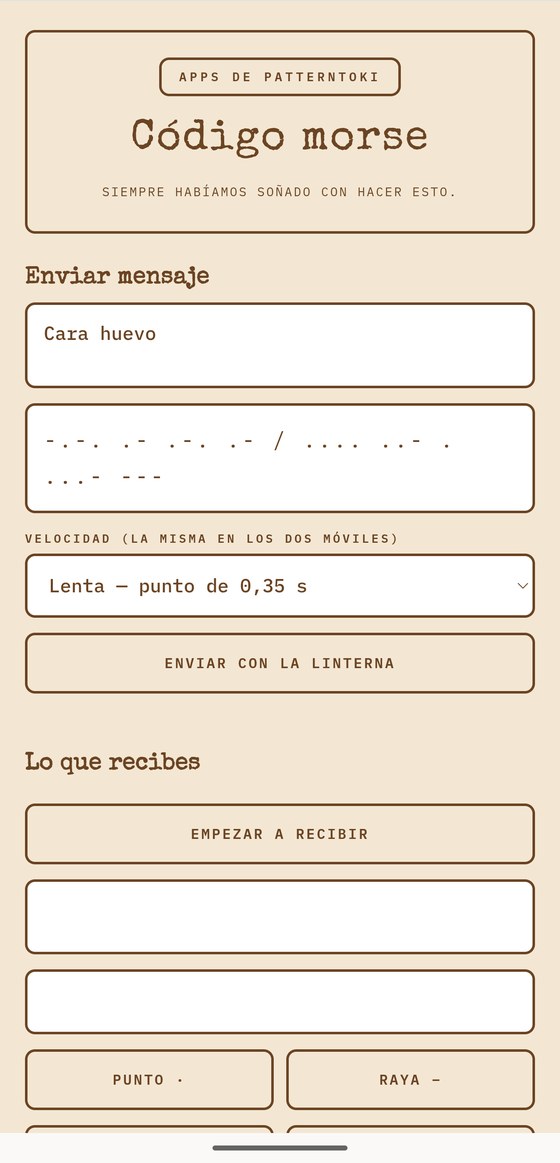 Pantalla de Código morse con el mensaje escrito y su traducción en puntos y rayas