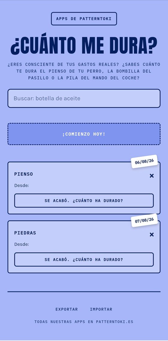 Pantalla de ¿Cuánto me dura? con el buscador y los días que dura cada producto.