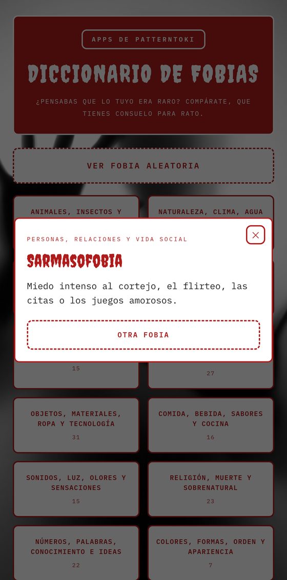 Pantalla de Diccionario de fobias