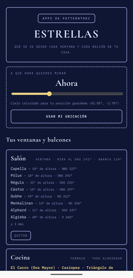 Pantalla de Estrellas con las ventanas de la casa y las estrellas visibles desde cada una