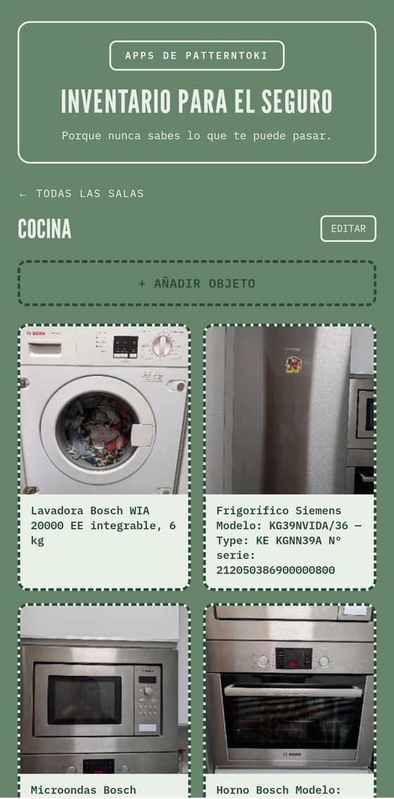 Pantalla de Inventario para el seguro con las habitaciones y los objetos guardados