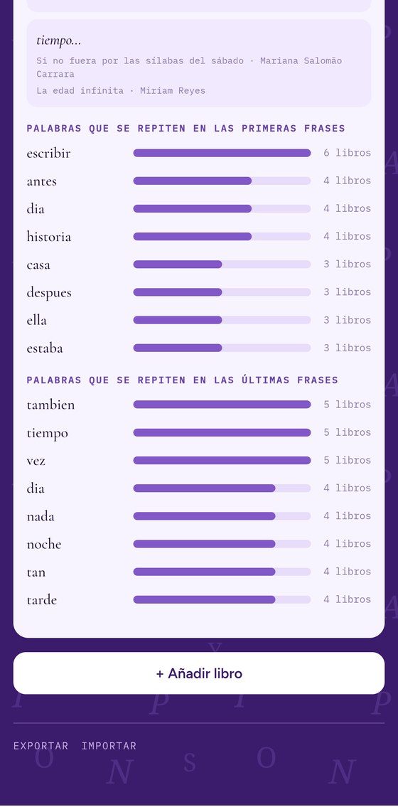 Pantalla de Libros con las primeras y últimas frases guardadas y las palabras que más se repiten