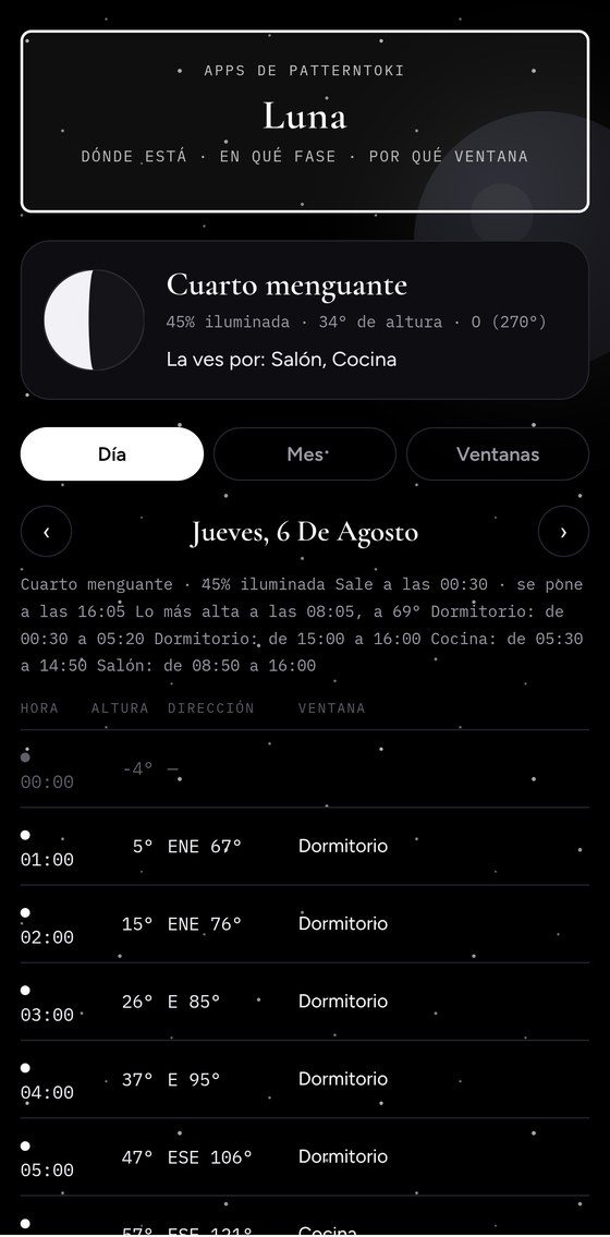 Pantalla de Luna con la fase actual y por qué ventana se ve a cada hora