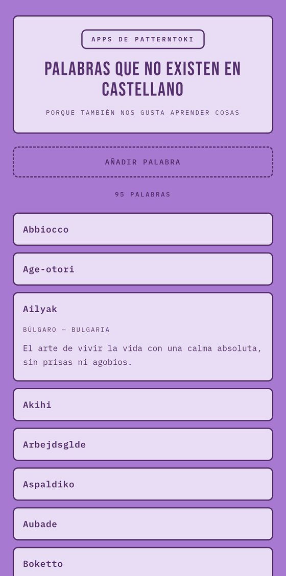 Pantalla de Palabras que no existen en castellano