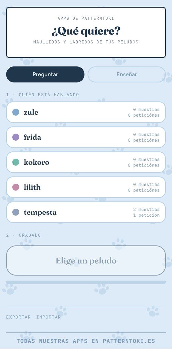 Pantalla de ¿Qué quiere? con la ficha de cinco gatos y sus maullidos grabados
